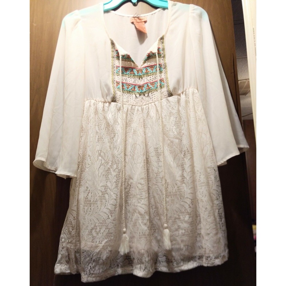 Flying Tomato Womens Ivory Boho Embroidered Lace Tie Kimono Sleeve Tunic Top XS